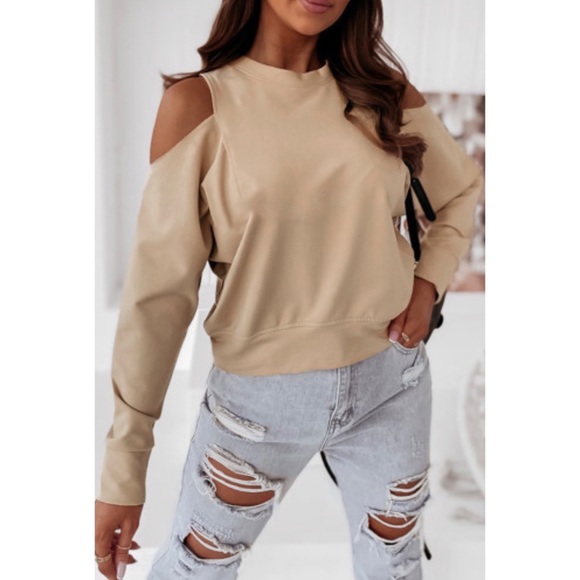 Khaki Cold Shoulder Pullover Sweatshirt - Picture 1 of 3